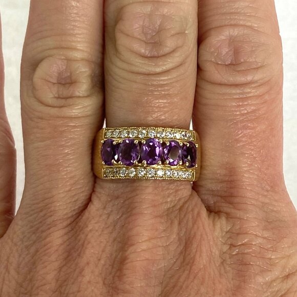 Gold Vermeil Sterling Silver 925 Prong Set Oval Amethyst CZ Wide Band Ring Sz 9 - Picture 1 of 16
